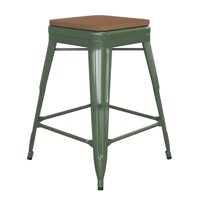 Flash Furniture 24" High Green Metal Indoor-counter Height Stool With Teak Poly Resin Wood Seat