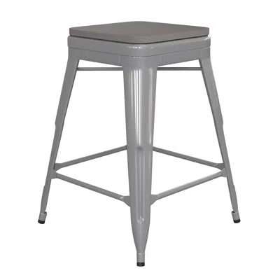 Flash Furniture 24" High Silver Metal Indoor-counter Height Stool With Gray Poly Resin Wood Seat