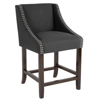 Flash Furniture 24" High Walnut Counter Height Stool With Accent Nail Trim In Charcoal Fabric In Gray