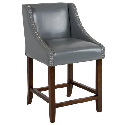 Flash Furniture 24" High Walnut Counter Height Stool With Nail Trim In Light Gray Leathersoft