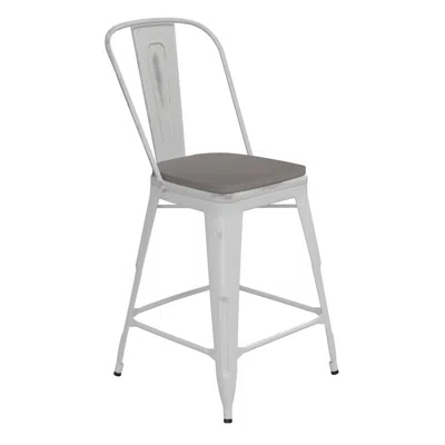 FLASH FURNITURE 24" HIGH WHITE METAL INDOOR-COUNTER HEIGHT STOOL WITH GRAY POLY RESIN WOOD SEAT