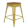Flash Furniture 24" High Yellow Metal Indoor-counter Height Stool With Teak Poly Resin Wood Seat In Yellow