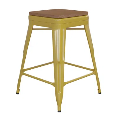 Flash Furniture 24" High Yellow Metal Indoor-counter Height Stool With Teak Poly Resin Wood Seat