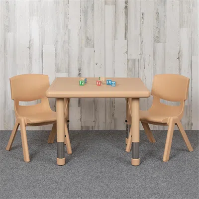 Flash Furniture 24 In. Square Plastic Height Adjustable Activity Table Set With 2 Chairs, Natural Color In Brown