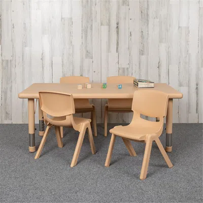 FLASH FURNITURE 24 X 48 IN. RECTANGULAR PLASTIC HEIGHT ADJUSTABLE ACTIVITY TABLE SET WITH 4 CHAIRS, NATURAL COLOR