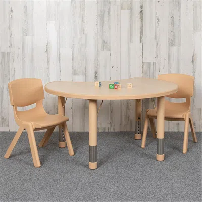 Flash Furniture 25.125 X 35.5 In. Crescent Plastic Height Adjustable Activity Table Set With 2 Chairs, Natural Color In Brown