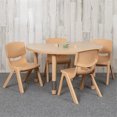 Flash Furniture 25.125 X 35.5 In. Crescent Plastic Height Adjustable Activity Table Set With 4 Chairs, Natural Color In Brown