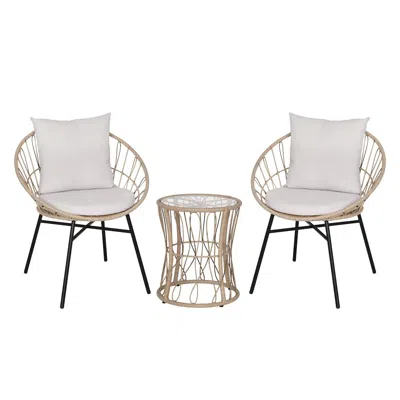 Flash Furniture 3-piece Bistro Set, Rope Chairs, Glass Top Side Table, Light Gray Cushions In White