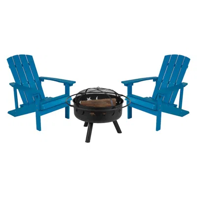 Flash Furniture 3 Piece Blue Poly Resin Wood Adirondack Chair Set With Fire Pit