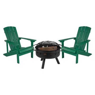 Flash Furniture 3 Piece Green Poly Resin Wood Adirondack Chair Set With Fire Pit