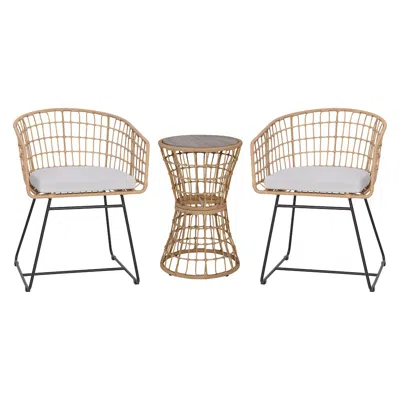 Flash Furniture 3-piece Natural Patio Bistro Set, Rope Chairs, Light Gray Seat Cushions In Brown