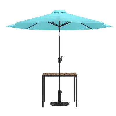 Flash Furniture 3 Piece Patio Table Set - 35" Patio Table With Teal Umbrella And Base In Blue