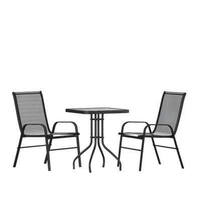 Flash Furniture 3 Piece Set - 23.5" Tempered Glass Patio Table, 2 Black Stack Chairs