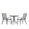 Flash Furniture 3 Piece Set - 23.5" Tempered Glass Patio Table, 2 Brown Stack Chairs In Gray