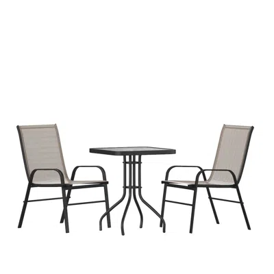 Flash Furniture 3 Piece Set - 23.5" Tempered Glass Patio Table, 2 Brown Stack Chairs In Gray