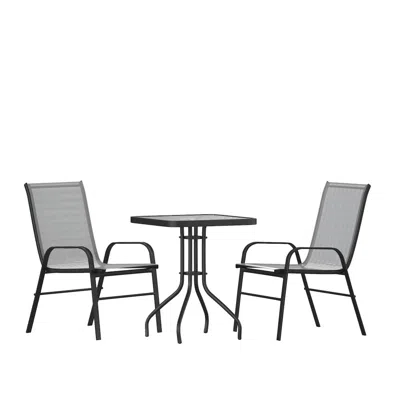 Flash Furniture 3 Piece Set - 23.5" Tempered Glass Patio Table, 2 Gray Stack Chairs