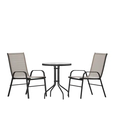 Flash Furniture 3 Piece Set - 23.75" Tempered Glass Patio Table, 2 Brown Stack Chairs In Neutral