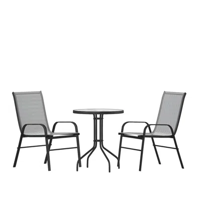 Flash Furniture 3 Piece Set - 23.75" Tempered Glass Patio Table, 2 Gray Stack Chairs