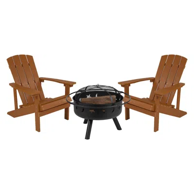 Flash Furniture 3 Piece Teak Poly Resin Wood Adirondack Chair Set With Fire Pit In Brown