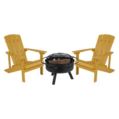 Flash Furniture 3 Piece Yellow Poly Resin Wood Adirondack Chair Set With Fire Pit