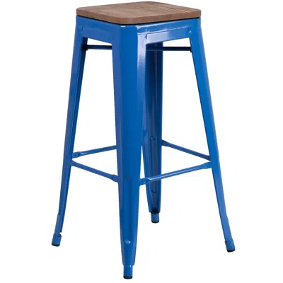 Flash Furniture 30" High Backless Blue Metal Barstool With Square Wood Seat