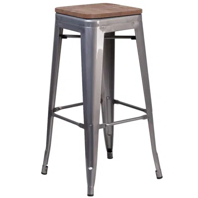 Flash Furniture 30" High Backless Clear Coated Metal Barstool With Square Wood Seat In Purple