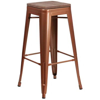 Flash Furniture 30" High Backless Copper Barstool With Square Wood Seat In Brown