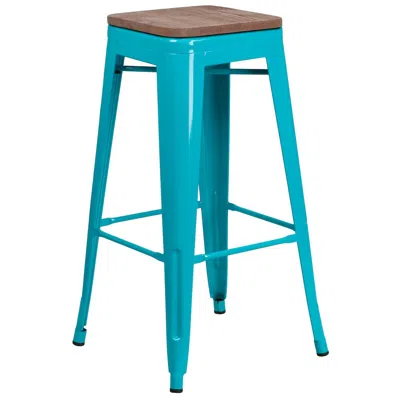 Flash Furniture 30" High Backless Crystal Teal-blue Barstool With Square Wood Seat