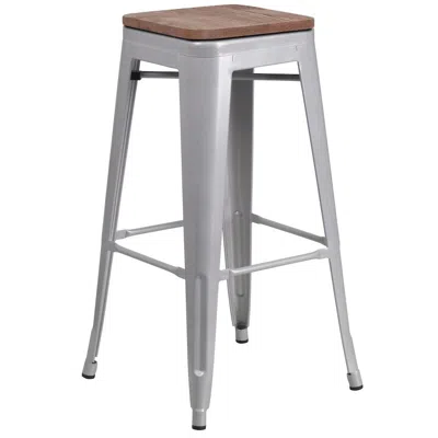 Flash Furniture 30" High Backless Silver Metal Barstool With Square Wood Seat