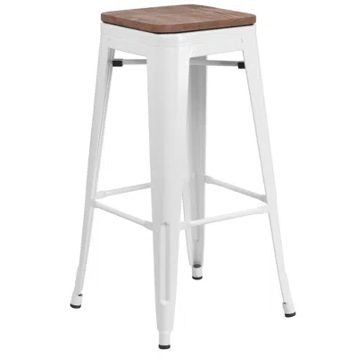 Flash Furniture 30" High Backless White Metal Barstool With Square Wood Seat