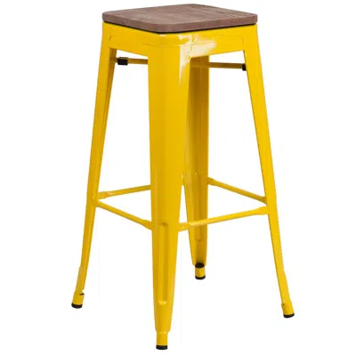 Flash Furniture 30" High Backless Yellow Metal Barstool With Square Wood Seat