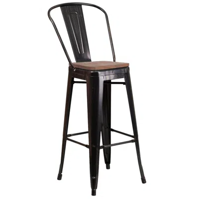 Flash Furniture 30" High Black-antique Gold Metal Barstool With Back And Wood Seat In Brown
