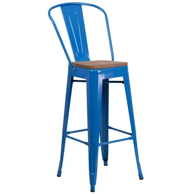 Flash Furniture 30" High Blue Metal Barstool With Back And Wood Seat