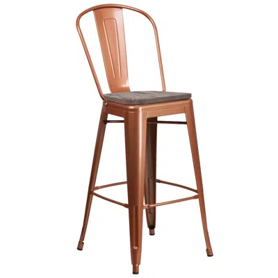 Flash Furniture 30" High Copper Metal Barstool With Back And Wood Seat In Brown