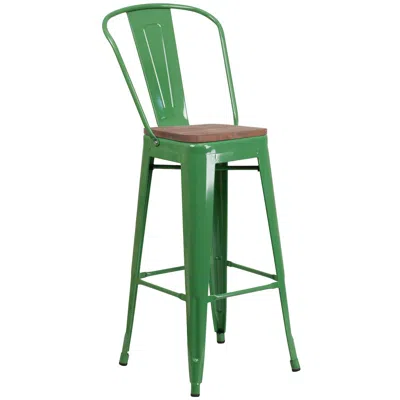 Flash Furniture 30" High Green Metal Barstool With Back And Wood Seat