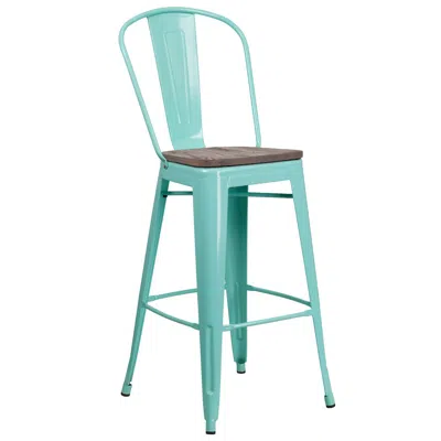 Flash Furniture 30" High Mint Green Metal Barstool With Back And Wood Seat In Blue