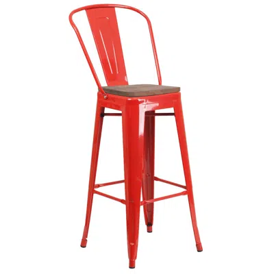 Flash Furniture 30" High Red Metal Barstool With Back And Wood Seat