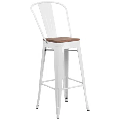 Flash Furniture 30" High White Metal Barstool With Back And Wood Seat