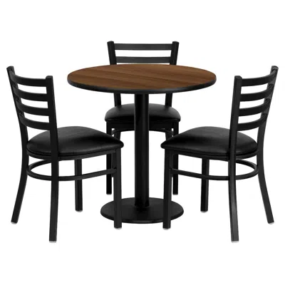 Flash Furniture 30'' Round Walnut Table Set With 3 Ladder Back Metal Chairs - Black Vinyl Seat