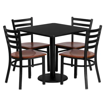 Flash Furniture 30'' Square Black Table Set With 4 Ladder Back Metal Chairs - Cherry Wood Seat In Multi