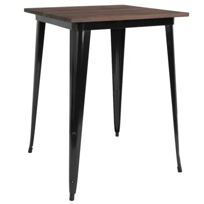 FLASH FURNITURE 31.5" SQUARE BLACK METAL INDOOR BAR HEIGHT TABLE WITH WALNUT RUSTIC WOOD TOP