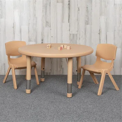 Flash Furniture 33 In. Round Plastic Height Adjustable Activity Table Set With 2 Chairs, Natural Color In Neutral