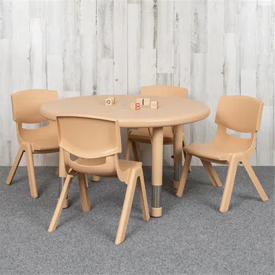 Flash Furniture 33 In. Round Plastic Height Adjustable Activity Table Set With 4 Chairs, Natural Color In Neutral