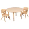 Flash Furniture 33" Round Natural Plastic Height Adjustable Activity Table Set With 2 Chairs In Brown