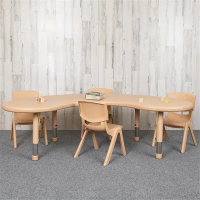 Flash Furniture 35 X 65 In. Half-moon Plastic Height Adjustable Activity Table Set With 4 Chairs, Natural Color In Neutral