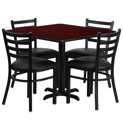Flash Furniture 36'' Mahogany Table Set With X-base And 4 Metal Chairs - Black Vinyl Seat