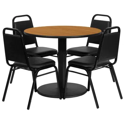 Flash Furniture 36'' Natural Table Set With Base And 4 Black Trapezoidal Back Banquet Chairs
