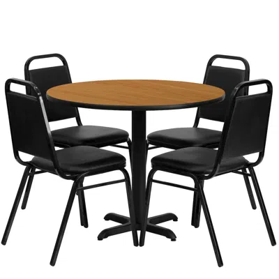Flash Furniture 36'' Natural Table Set With X-base And 4 Black Trapezoidal Back Banquet Chairs