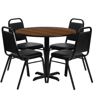 Flash Furniture 36'' Walnut Table Set With X-base And 4 Black Trapezoidal Back Banquet Chairs