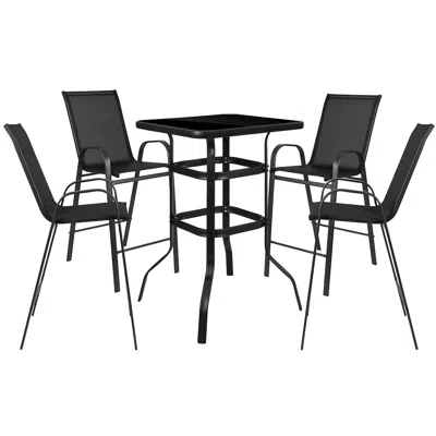 Flash Furniture 4-person Bistro Set - Brazos Glass Bar Table With Black Patio Stools